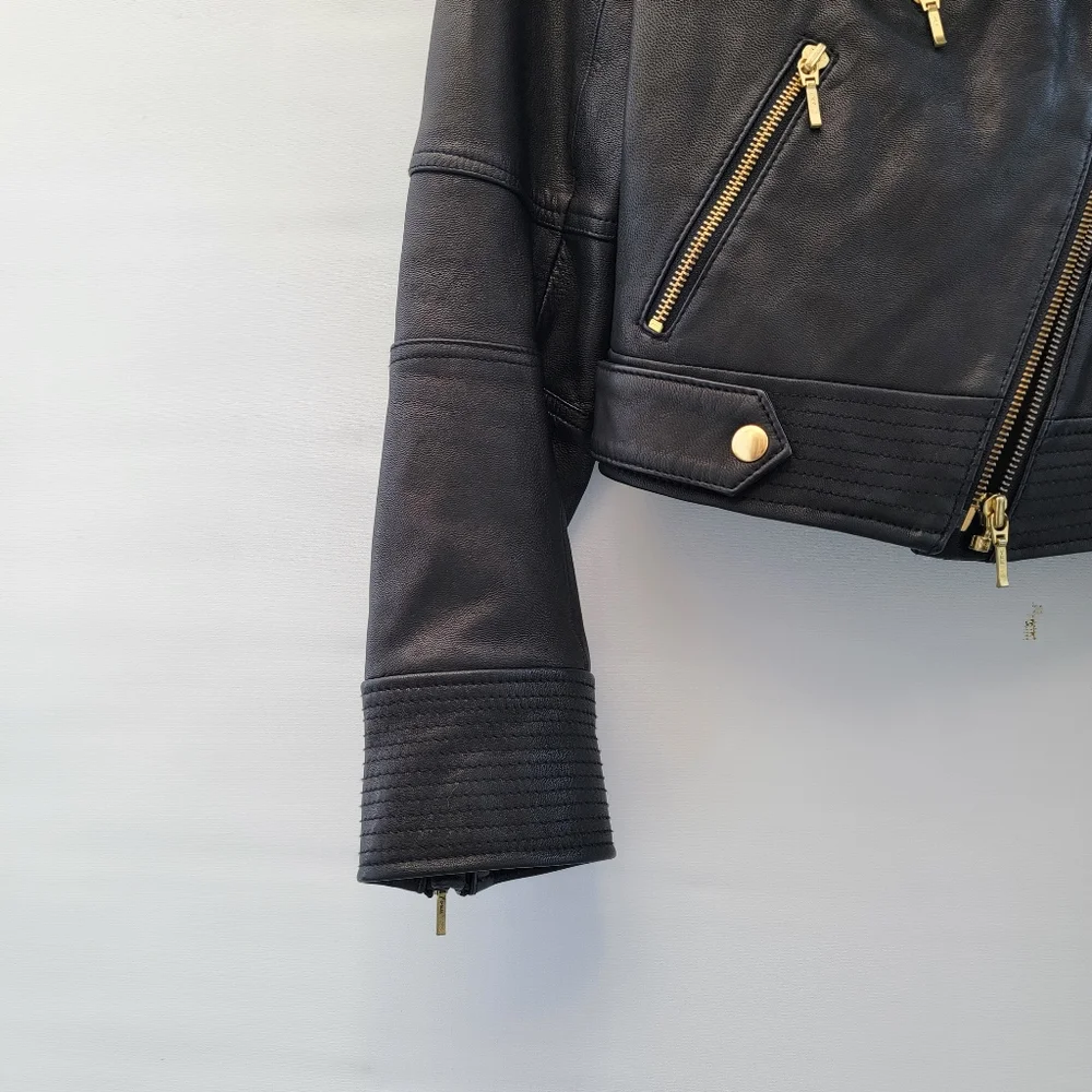 Truth+Pride Black Leather Moto Jacket Size Large Minimalist Classic Gold Neutral - Picture 4 of 16